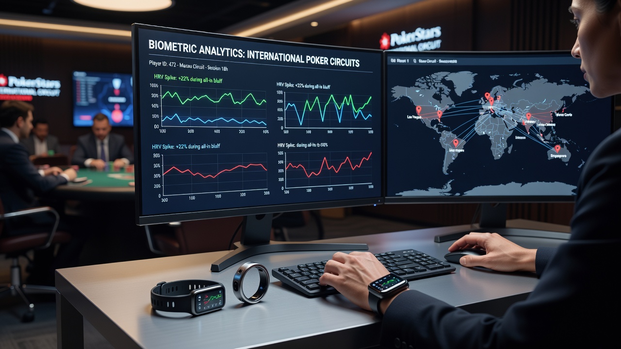 Poker players at an international tournament table wearing biometric sensors and smartwatches for performance tracking