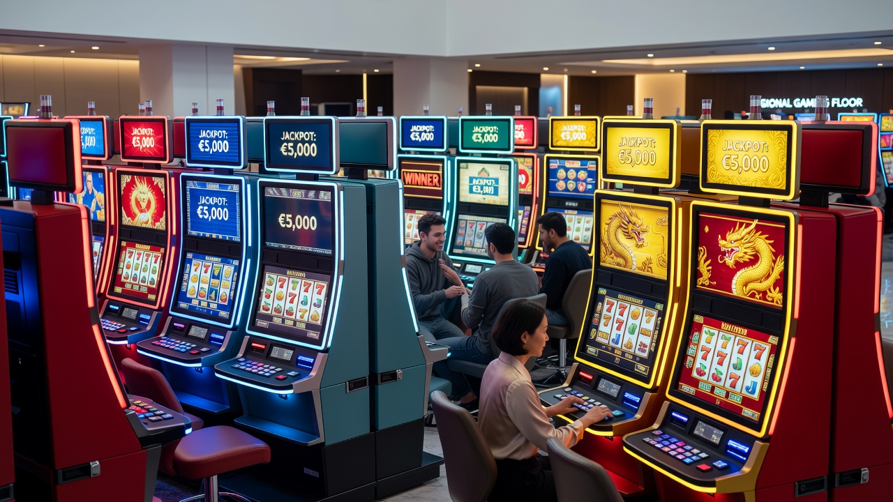 Close-up view of slot machine screens displaying color variations in regional casinos