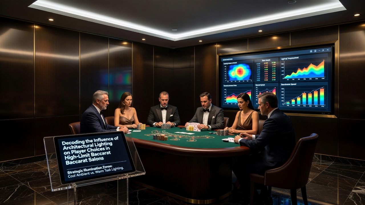 Close-up view of baccarat table under focused architectural lighting showing card layout and player seating arrangement