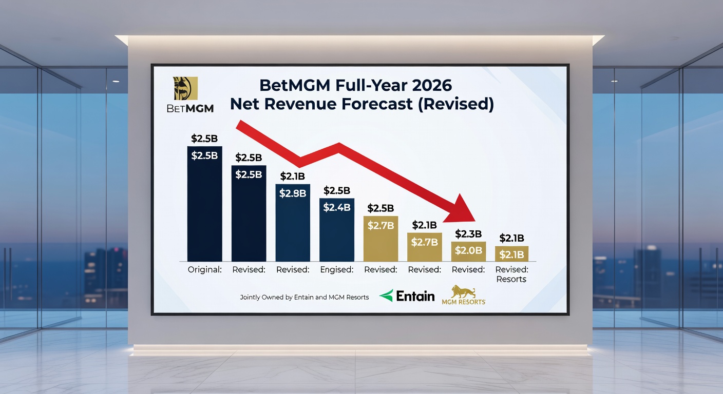 Graph depicting BetMGM's Q1 revenue segments, with bars for online casino and sports betting showing percentage increases alongside a downward arrow for the revised 2026 forecast