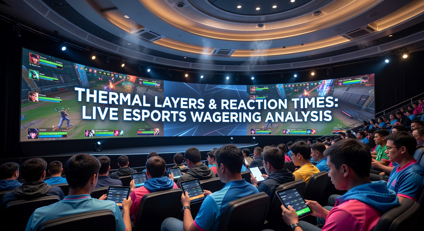Esports spectators checking live betting apps in a temperature-controlled stadium environment