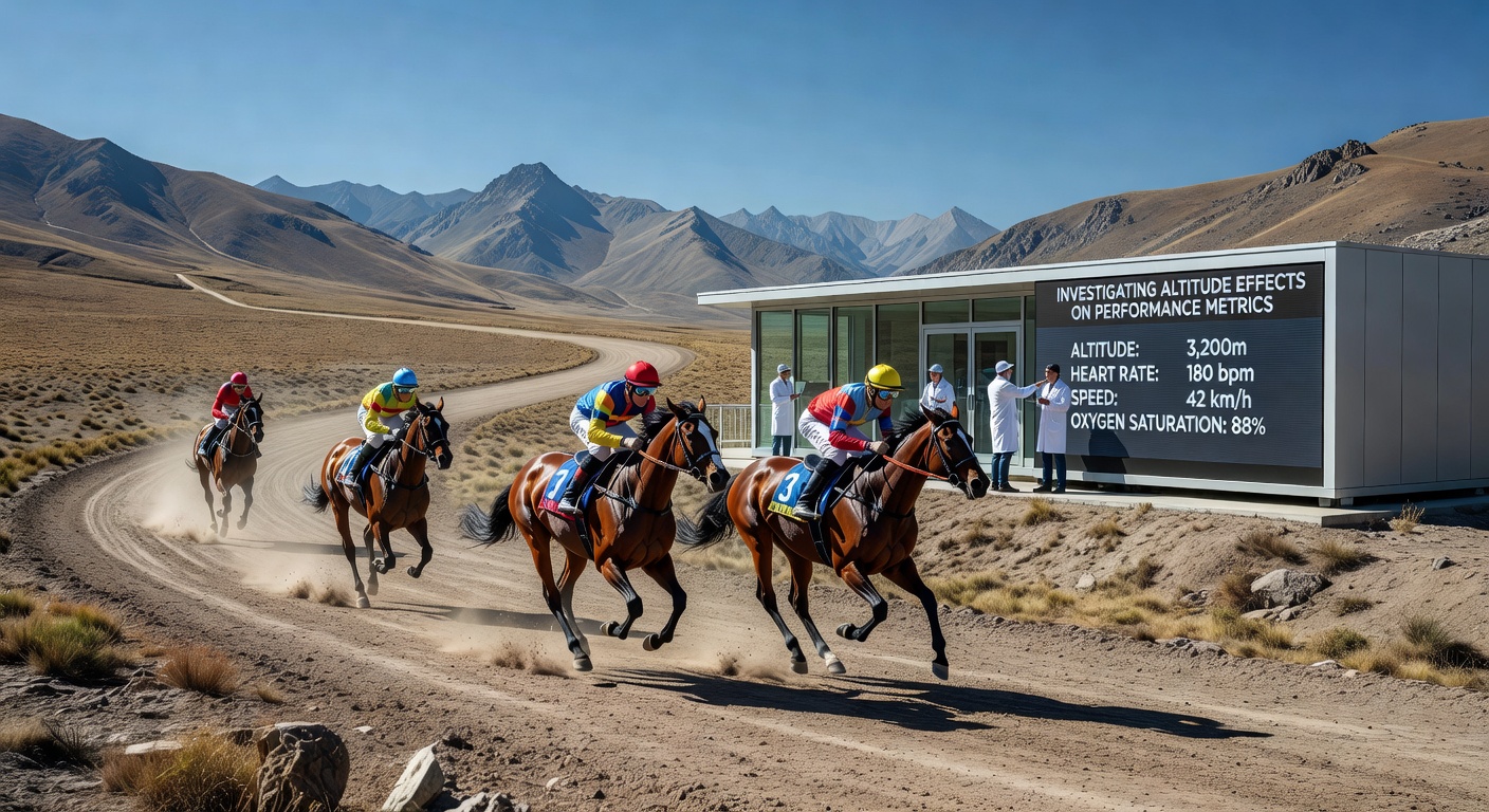 Thoroughbred horses competing on a high-altitude mountain racing track with distant peaks visible