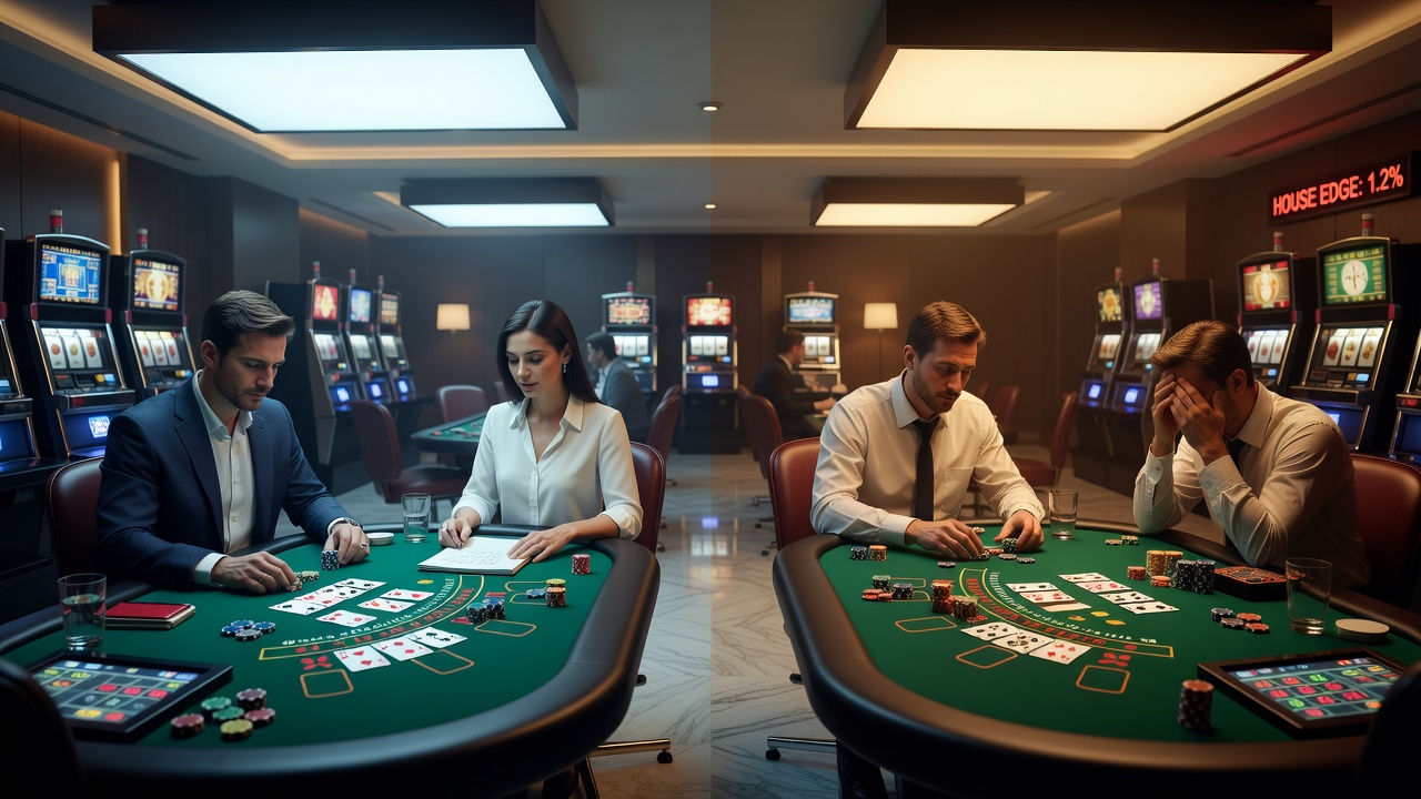 Players at gaming tables under warm ambient lighting with visible ceiling fixtures