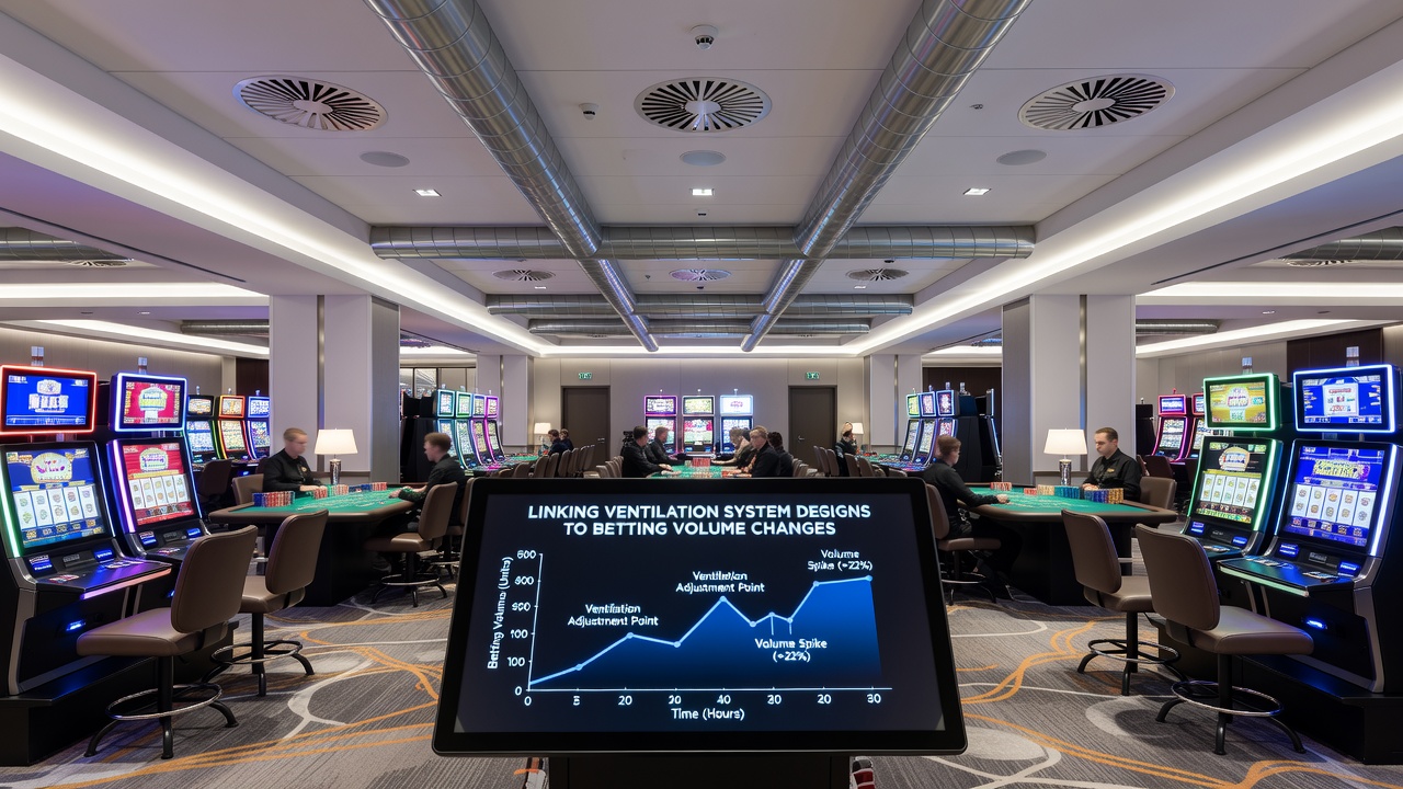 Technician adjusting airflow controls in a casino mechanical room with digital monitoring displays