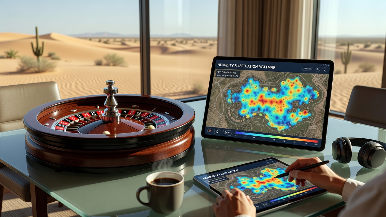 Roulette wheel in a desert resort casino with environmental monitoring equipment nearby