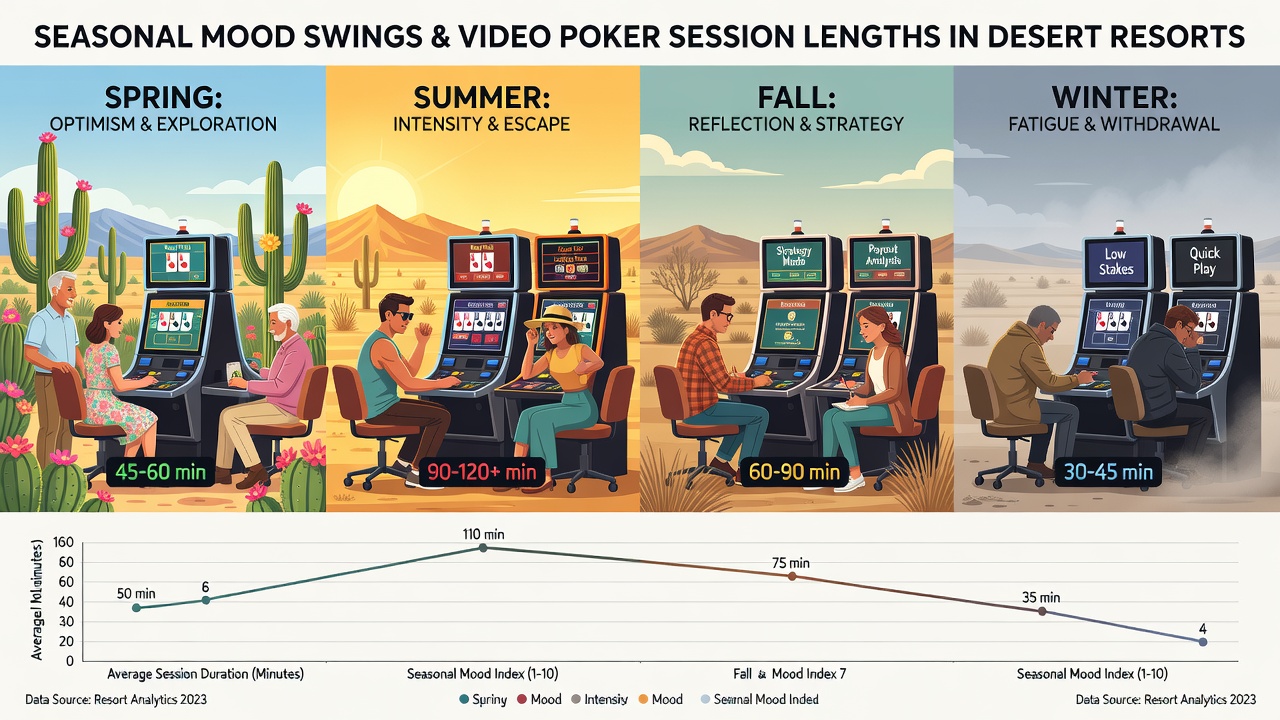 Video poker terminals and players in a desert resort gaming area during extended session