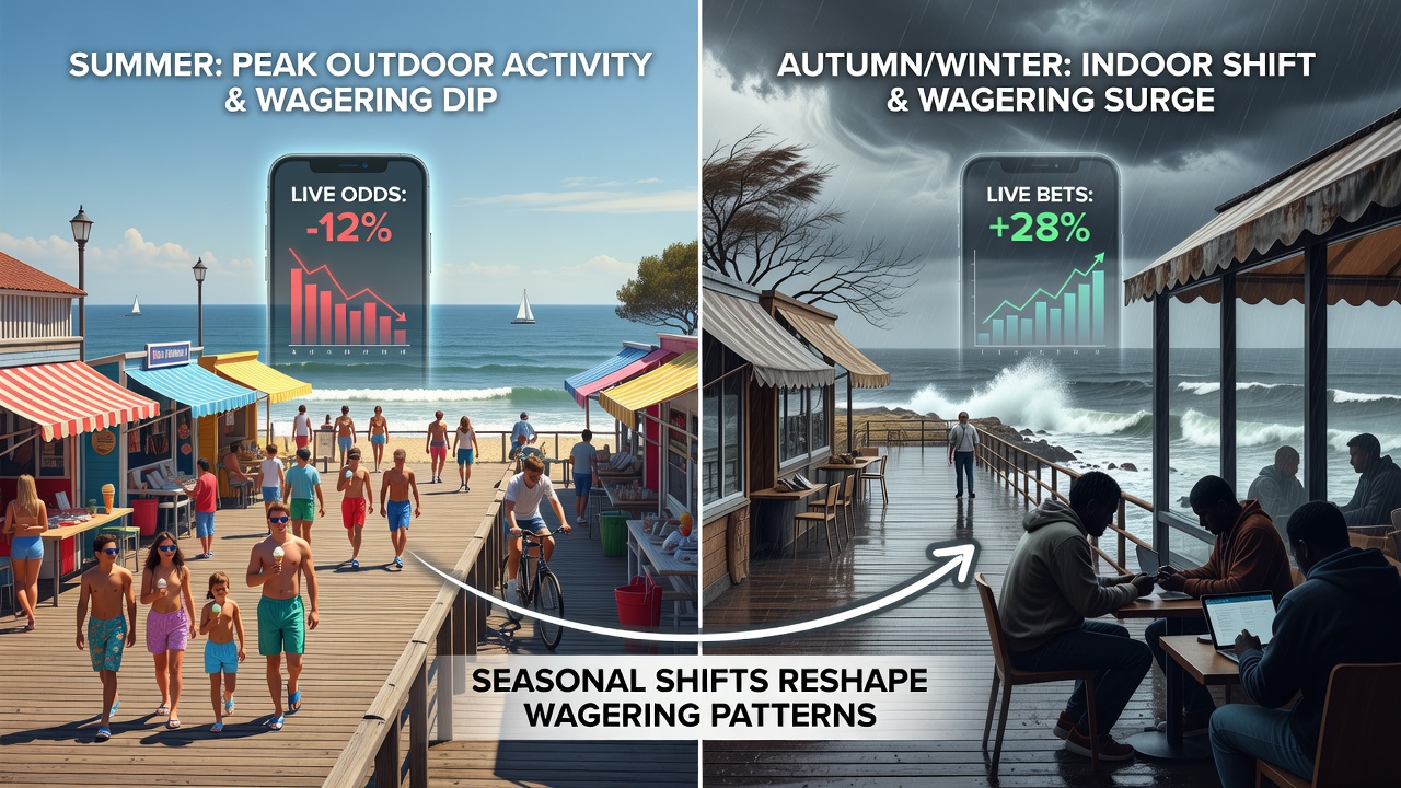 Map overlay showing coastal regions with weather icons and betting trend arrows indicating volume changes