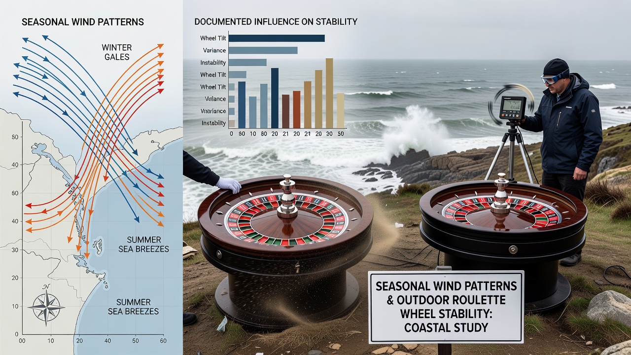 Technicians measuring wind effects on outdoor roulette equipment at a coastal property