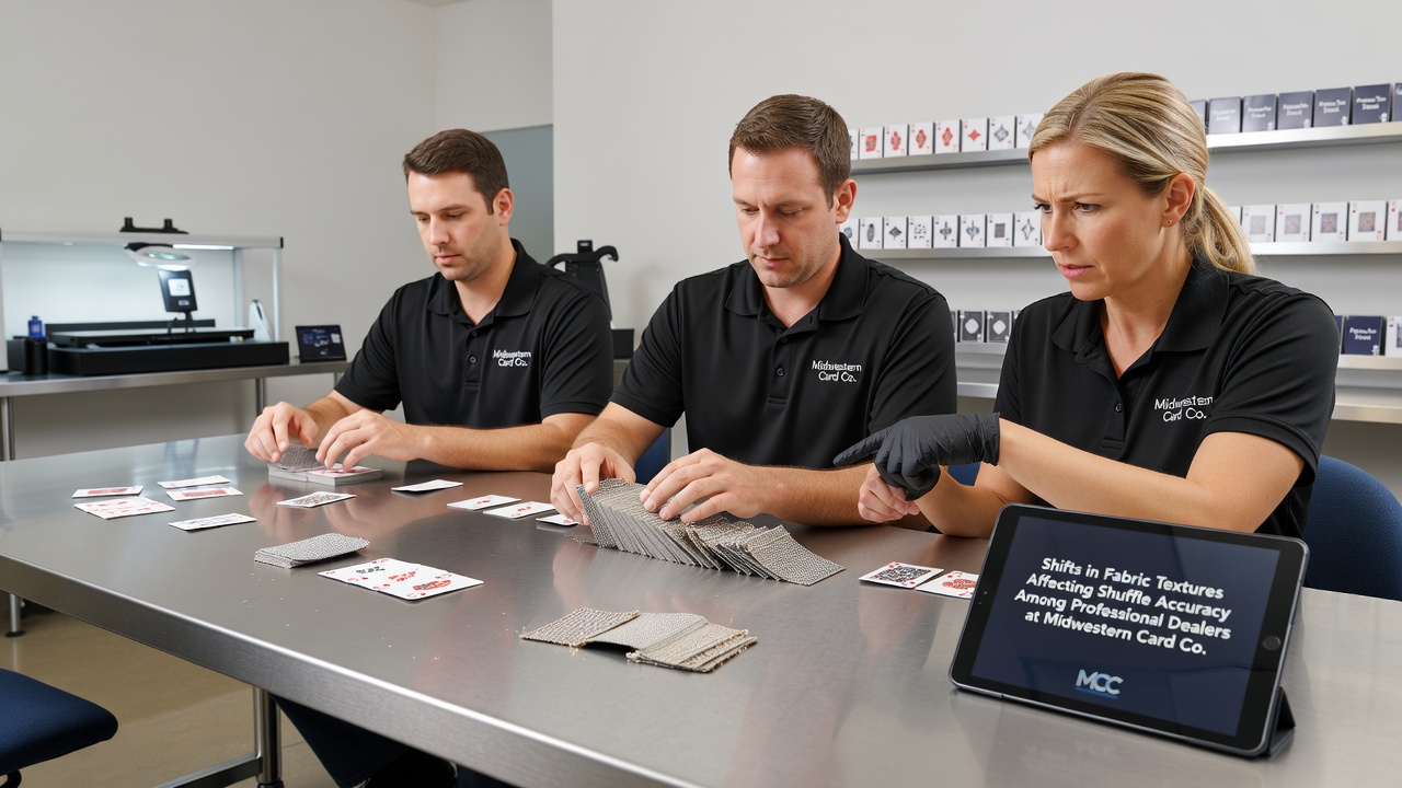 Professional dealer performing a riffle shuffle on a card table with visible fabric texture differences highlighted under controlled lighting